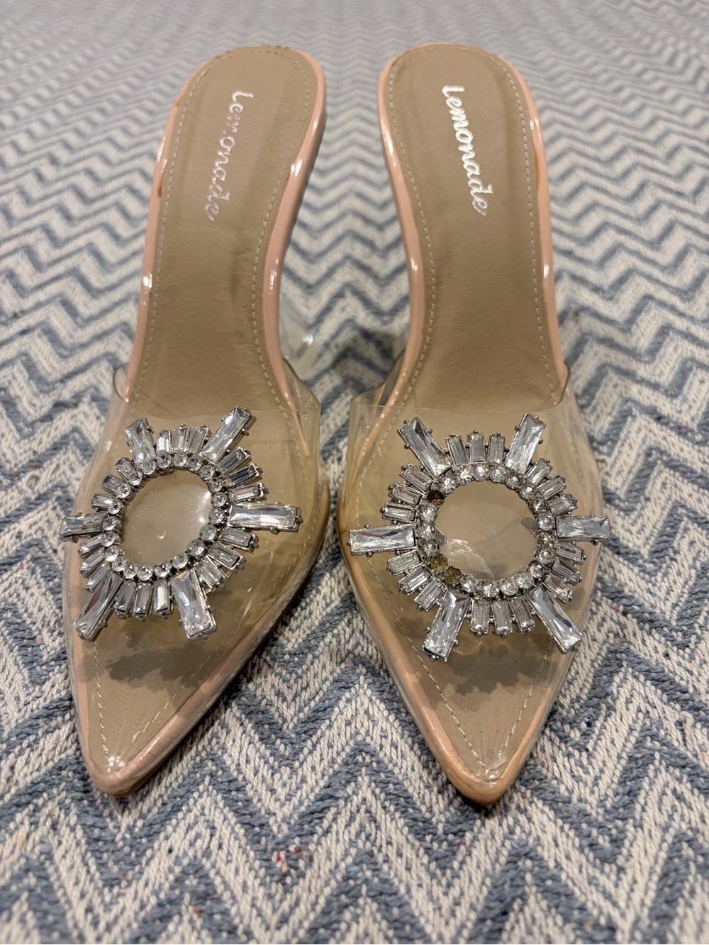 Lemon clear PVC pointed mule with nude trim and crystal burst